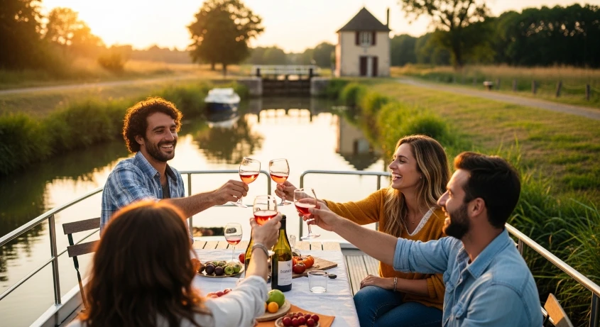 Quatre amis détendus sur un bateau fluvial au coucher du soleil, une expérience à gagner avec Riverly