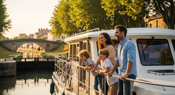 Famille profitant d'une navigation sur un bateau fluvial, lot à gagner dans le jeu concours Riverly