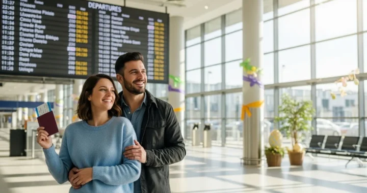 Couple souriant dans un aéroport, prêt à partir en voyage grâce au jeu concours Pâques ltur