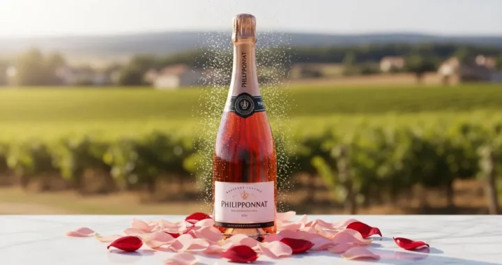 Bouteille de champagne Philipponnat Rosé posée sur une table en extérieur, dans un champ verdoyant
