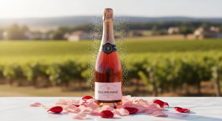 Bouteille de champagne Philipponnat Rosé posée sur une table en extérieur, dans un champ verdoyant