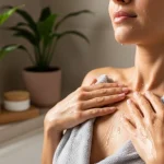 Femme en serviette à la peau encore mouillée après sa douche, illustrant l’hygiène corporelle quotidienne