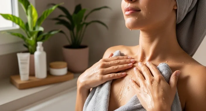 Femme en serviette à la peau encore mouillée après sa douche, illustrant l’hygiène corporelle quotidienne