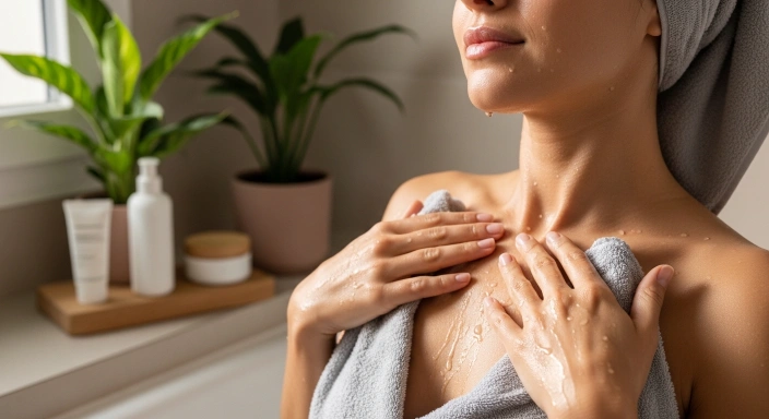 Femme en serviette à la peau encore mouillée après sa douche, illustrant l’hygiène corporelle quotidienne