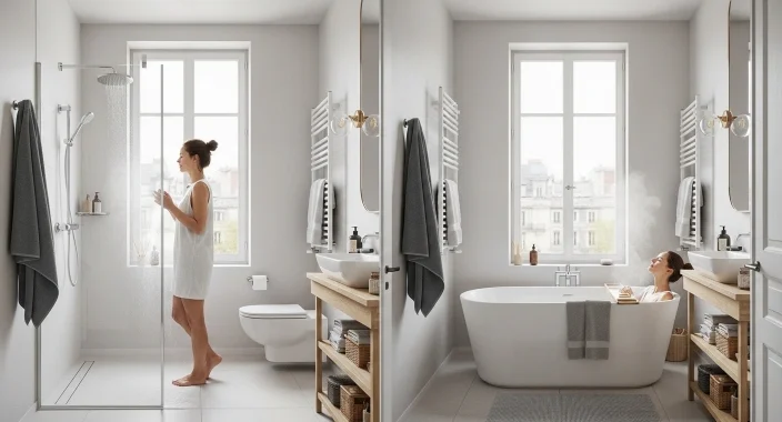 Femme comparant bain et douche dans une salle de bain, illustrant les choix d’hygiène corporelle au quotidien
