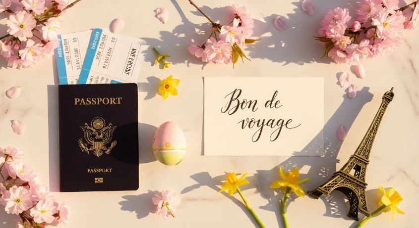 Bon de voyage, passeport, billets d'avion et oeuf de Pâques, symboles du jeu concours Pâques ltur
