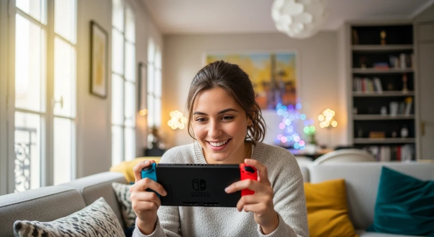 Jeune femme jouant à la Nintendo Switch chez elle, une console à gagner avec le concours Cosmopolitan
