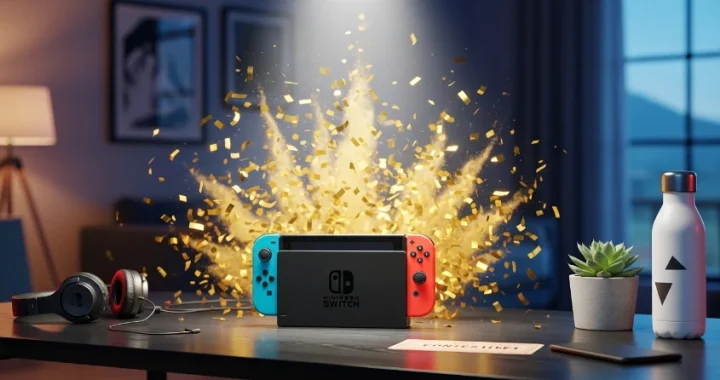 Nintendo Switch posée sur un bureau avec des objets du quotidien, lot à gagner dans le concours Cosmopolitan