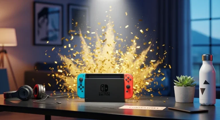 Nintendo Switch posée sur un bureau avec des objets du quotidien, lot à gagner dans le concours Cosmopolitan