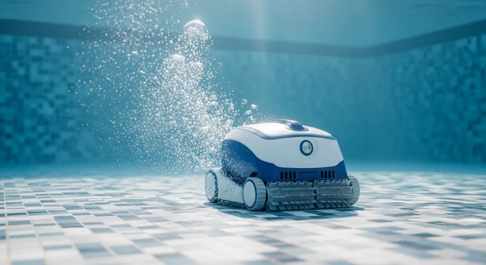 Robot piscine en fonctionnement au fond d'une piscine résidentielle