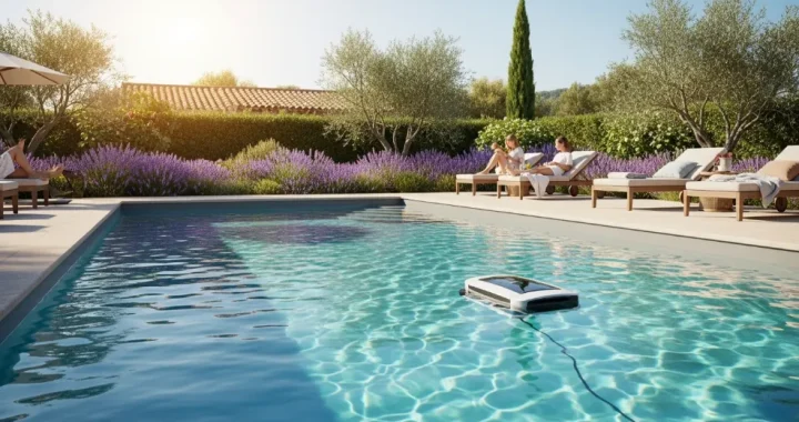 Robot piscine naviguant à la surface de l'eau d'une piscine résidentielle