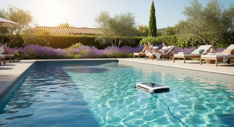 Robot piscine naviguant à la surface de l'eau d'une piscine résidentielle