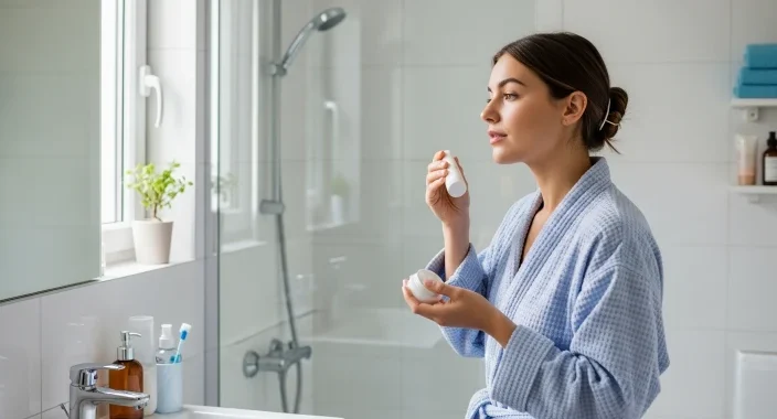 Femme dans sa salle de bain suivant une routine d'hygiène corporelle quotidienne devant le miroir
