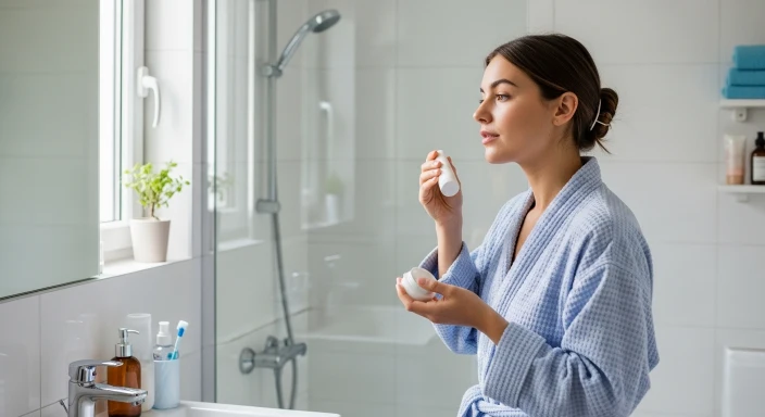Femme dans sa salle de bain suivant une routine d'hygiène corporelle quotidienne devant le miroir