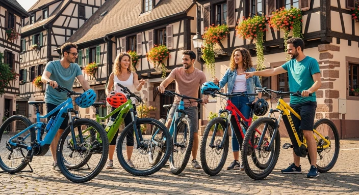 Groupe de jeunes à vélo électrique tout chemin — 5 e-bikes à gagner avec le jeu concours Wattwiller 2026
