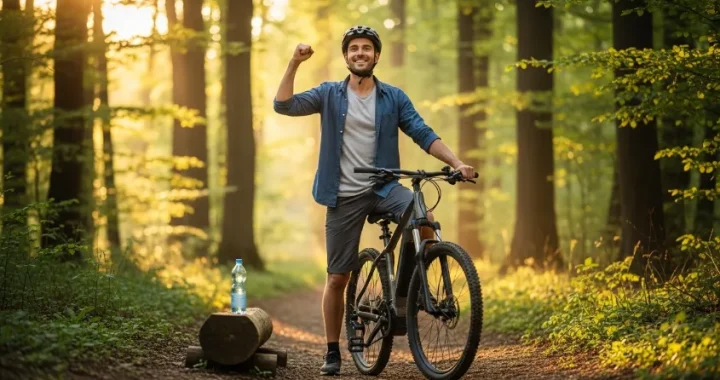 Homme en balade sur un vélo électrique tout chemin en forêt — jeu concours vélo électrique Wattwiller 2026