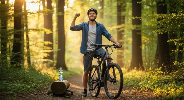 Homme en balade sur un vélo électrique tout chemin en forêt — jeu concours vélo électrique Wattwiller 2026