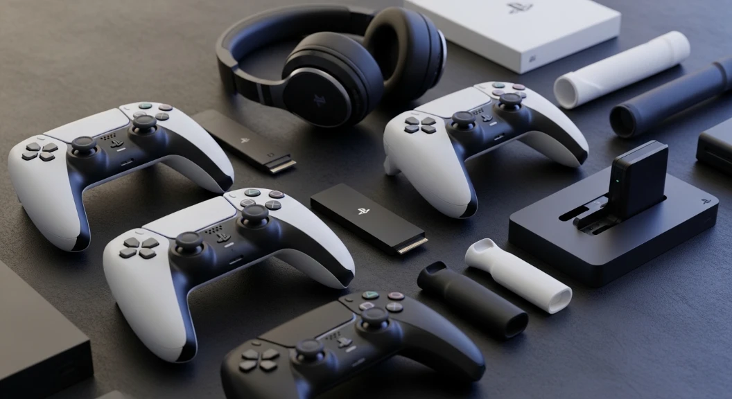 Manettes DualSense, casque et accessoires PS5 disposés sur une surface sombre