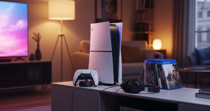 Console PS5 et ses accessoires installés dans un salon moderne — guide des meilleurs accessoires PS5