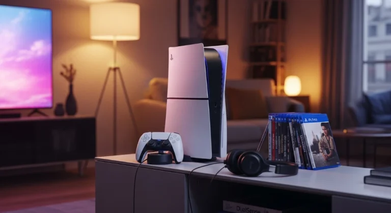 Console PS5 et ses accessoires installés dans un salon moderne — guide des meilleurs accessoires PS5