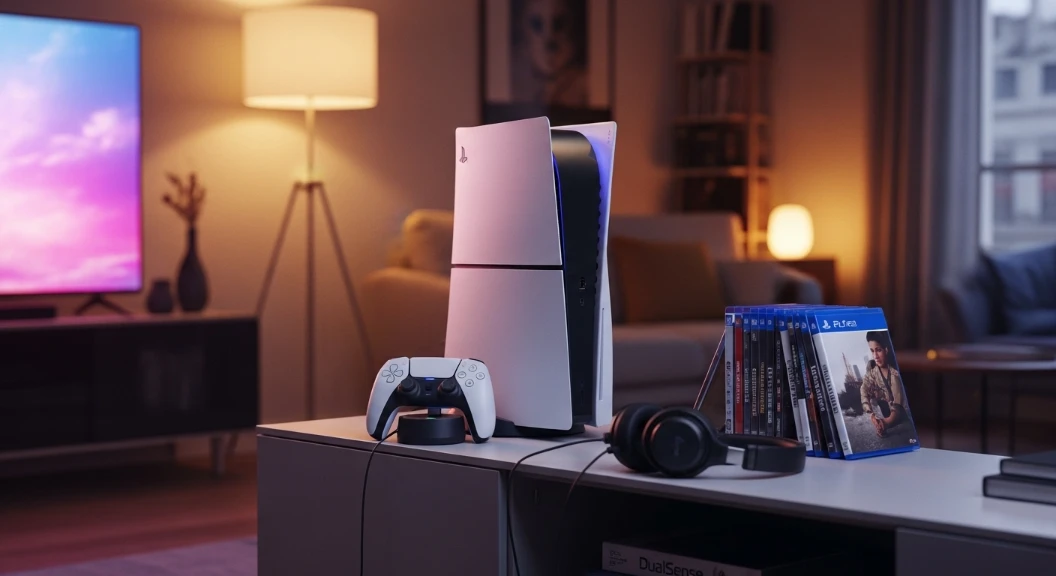 Console PS5 et ses accessoires installés dans un salon moderne — guide des meilleurs accessoires PS5